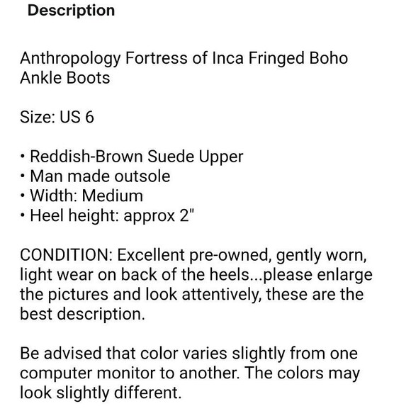 Anthropology Fortress of Inca Fringed Ankle Boots Womens Size 6 Brown Suede Boho - Picture 12 of 12